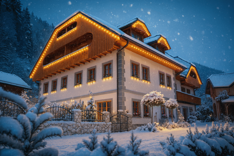 new years holidays in slovenia, apartments menart estate in winter time, snowing and the building has winter hoildays lights